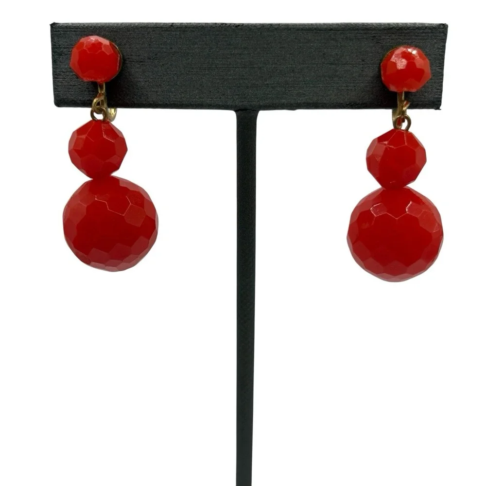 Cherry Red Faceted Bead Earrings Screw Back MCM Drop‎ Dangle VTG 50's Plastic